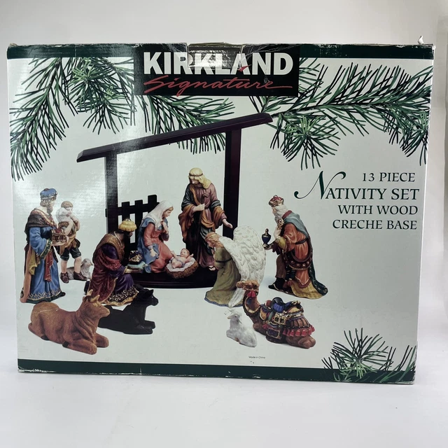 KIRKLAND NATIVITY SCENE 13 pc Set Porcelain 75177 With Wooden Creche in