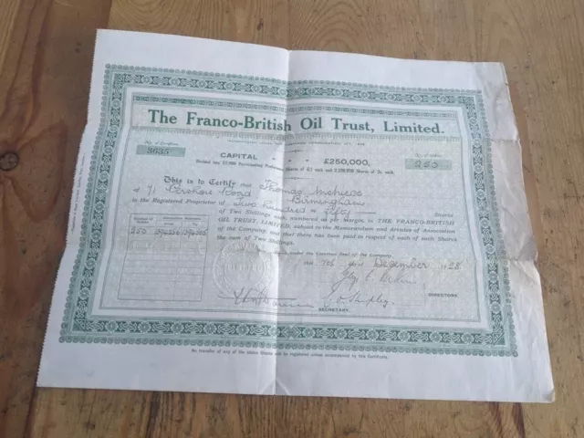 Original 1928 FRANCO BRITISH OIL TRUST CERTIFICATE 250 SHARES THOMAS McNIECE