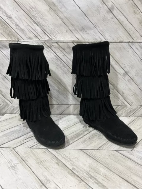 Minnetonka Women's Black 3 Layer Suede Fringe Moccasin Tall Boots 1639 Size 6