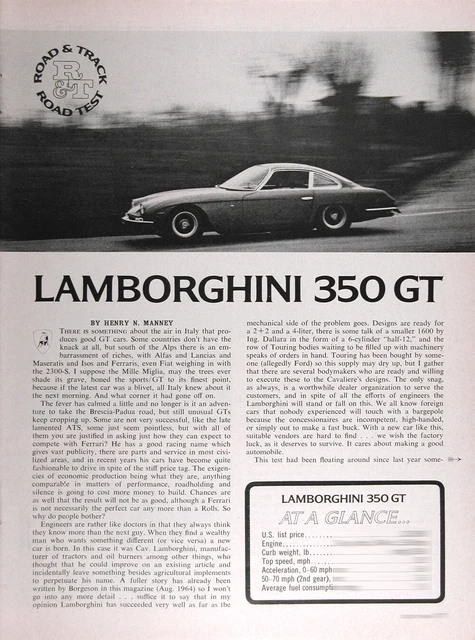 1965 LAMBORGHINI 350 GT Original Genuine ROAD TEST W/specs 4pgs.~ FREE SHIPPING!