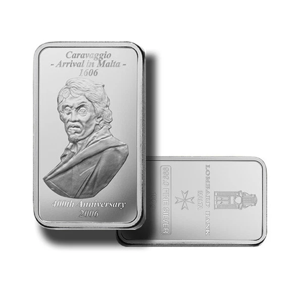 2007 Lombard Bank 100gr Silver 0.999 Ingot Caravaggio in Malta - Silver Bullion
