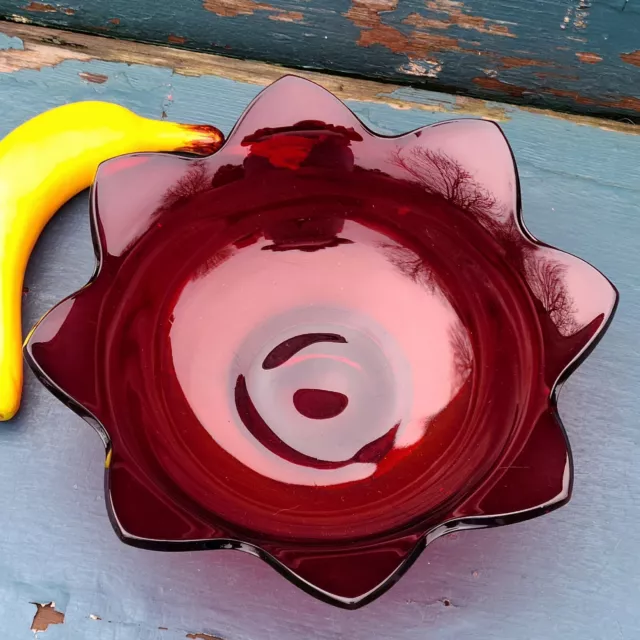 Vintage Fenton USA Art Glass Deep Red 8 Petal Lotus Blossom Candy Bowl