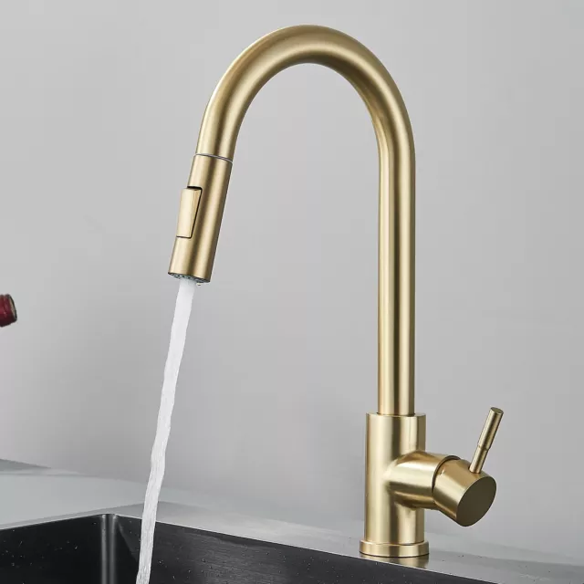 Brushed Gold Kitchen Sink Taps Pull Out Sprayer 360° Single Level Mixer Tap uk