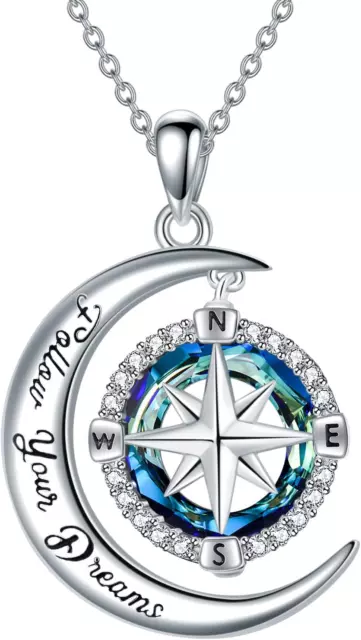 Follow your Dreams Crystal Compass Necklace for Women Sterling Silver Pendant