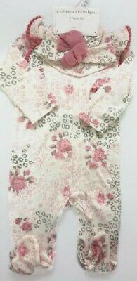 Baby Girls Designer 2 Pc Pink Floral Sleepsuit & Flower Hat 3-6 Months