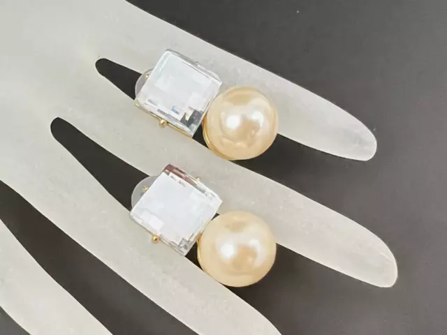 Park Lane Signed Chunky Beige Faux Pearl Faceted Clear Glass Pierced Earrings