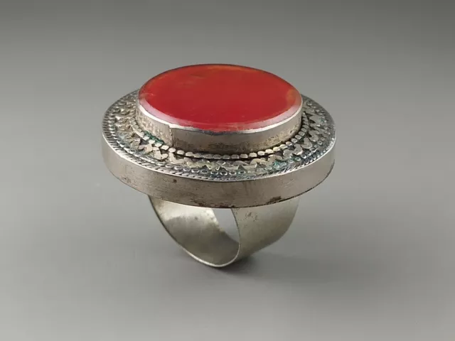 Vintage Turkmen Afghani Alpaca Ring Red Carnelian Stone Round Shaped Tribal Boho