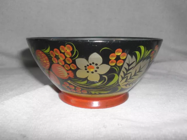 Russian Ussr Khokhloma Folk Art Painted Lacquer Wooden Bowl ~ Scant Label Remain