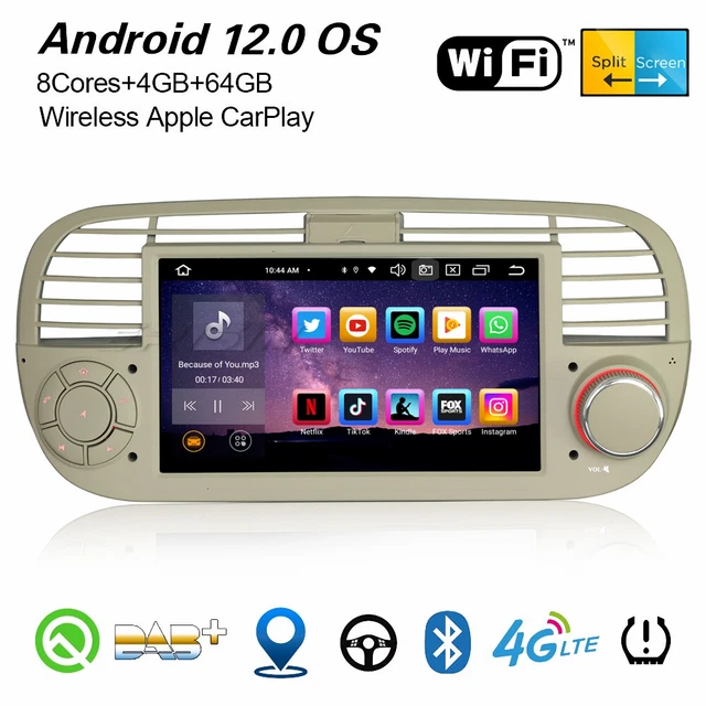 8-Kern Android 12 DAB+ Navi Autoradio 4+64GB CarPlay WiFi BT 5.0 DVB-T2 Fiat 500