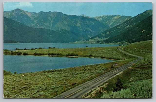 Hebgen Lake MT- Montana, Aerial View Water and Road, VTG UNP Circa 1960 Postcard
