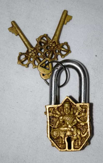 Brass Goddess Durga Design Padlock Handmade Religious Unique Gift Lock Item ML55