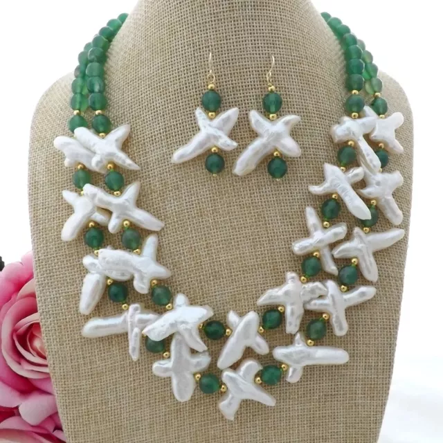 18" 2 Strands White Cross Pearl Green Agate Necklace Earrings Set