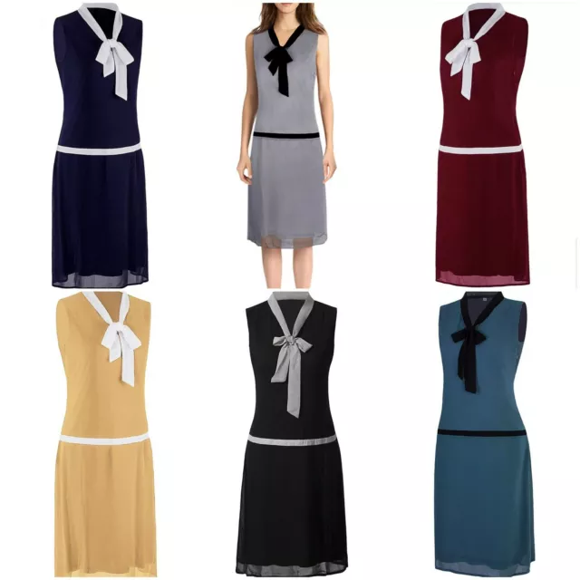 Women's 1920s Style Midi Flapper Dress V-Neck Bow Roaring 20s Gatsby Dress