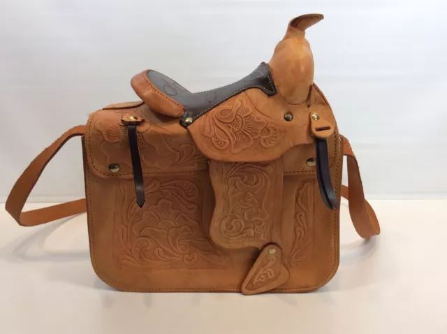 Handmade, Artisan Hand Tooled Mexican Leather and Sheepskin Saddle Shoulder Bag 3