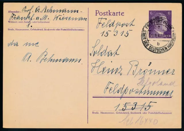 DR Ganzsache GS P 299 Postkarte Frankfurt SSt Feldpost - Helgoland 1942