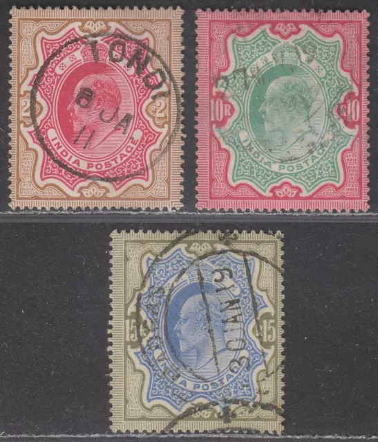 India 1902-09 King Edward VII 2r, 10r, 15r Used SG139 SG144 SG146 cat £110