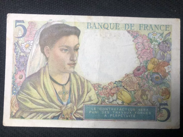 Banque De France 5 Francs Banknote 1947 World Money Europe Catalonia Currency