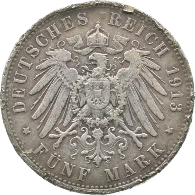 SILVER - WORLD COIN - 1913 Kingdom Of Prussia 5 Mark - World Silver Coin *047