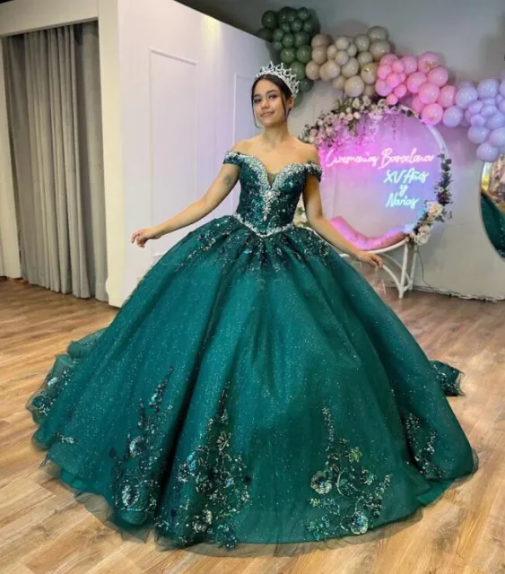 Beaded Emerald Green Quinceanera Dresses Glitters Sweet 15 16 Party Ball Gowns