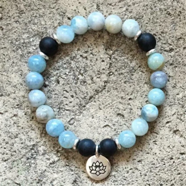 8MM Black Onyx Gemstone Aquamarine Mala Bracelet Spirituality Sutra Reiki Unisex