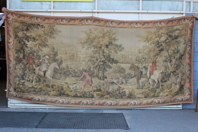 Grande enorme bellissimo arazzo antico paesaggio bosco caccia nobili / tapestry