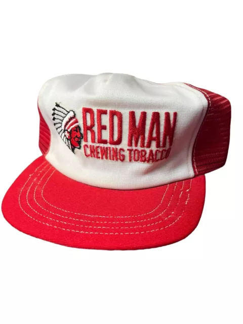 Vintage Trucker Hat Red Man Chewing Tobacco Indian Chief Large Front Embroidery