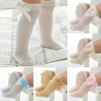 Toddler Baby Girls Knee High Long Socks Spanish Ribbon Bow Knit Cotton Stockings