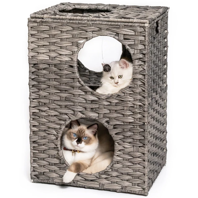 Rattan Cat Litter,Cat Bed with Rattan Ball and Cushion，Grey