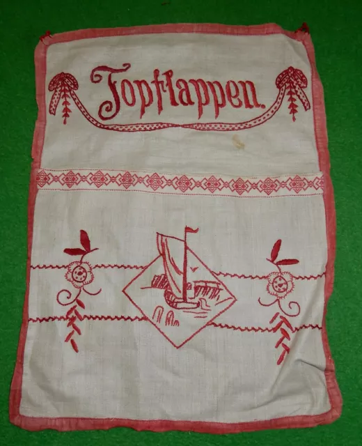 Wandhalter Aufbewahrungstasche für Topflappen Leinen handbestickt uralt 1900