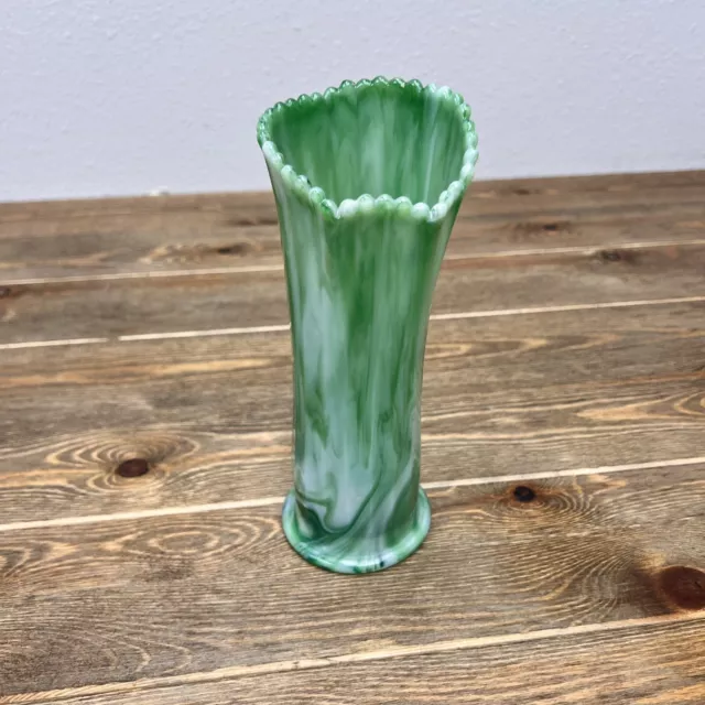 Vintage Marbleized Slag Emerald Green Akro Agate Scalloped bud Vase 8.5"