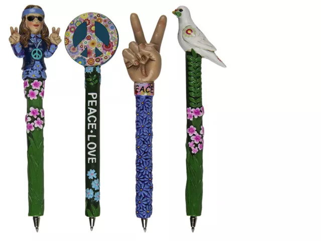 4 Stück Kugelschreiber HIPPIE Look Peace Frieden Weed Love Blumen Kuli Stift SET