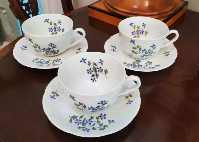 Set Of 3 Bernardaud Limoges France Bluets Nicole Coffee Cups Saucers