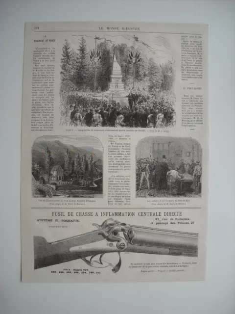 Gravure 1874. Nancy, Preville Monument Soldats Francais Ambulances. Pont-Du-Roy.