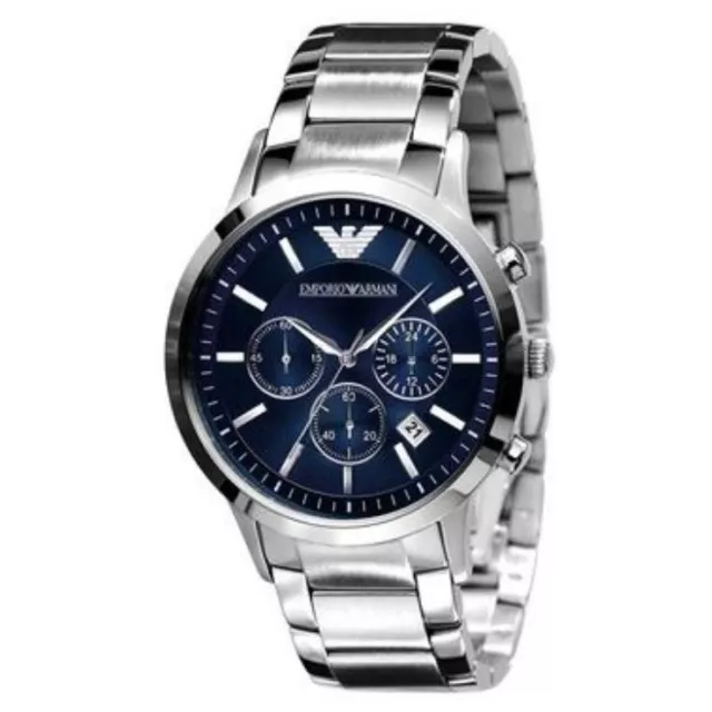 New Genuine Emporio Armani Mens Watch Silver Bracelet & Blue Dial Renato Ar2448