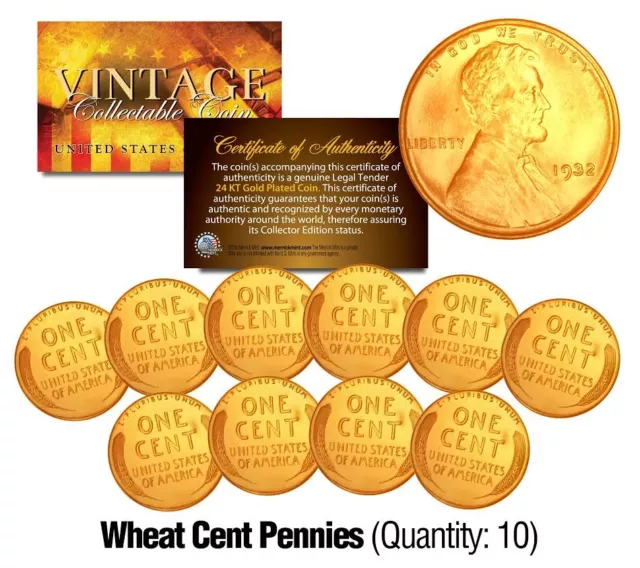 Lincoln Head 1930's WHEAT Cent Penny U.S. Coins 24K GOLD PLATED (Lot of 10)