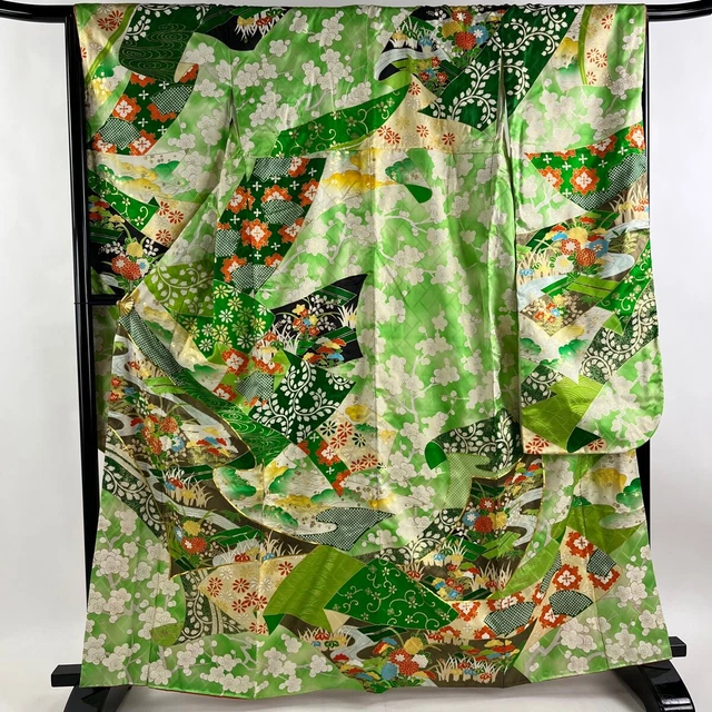 Japanese Silk Kimono Vintage Furisode Gold Gorgeous Green Chrysanthemum 64in