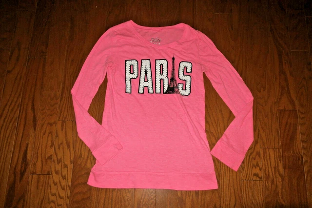 ❤️JUSTICE 16 XS-S LADIES Size❤️LONG SLEEVE TEE PARIS RHINESTONES GOOD!!! PINK
