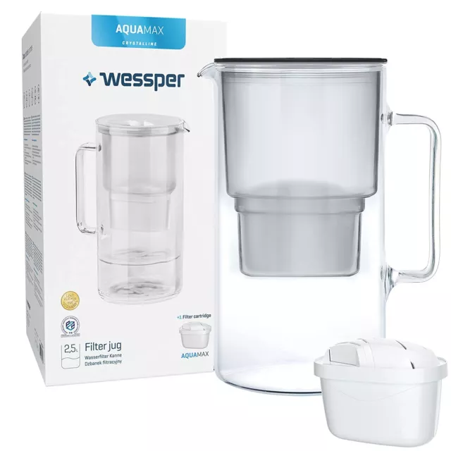 Wessper Wasserfilterkanne aus Glas 2.5 L Kompatibel mit Brita-Wasserfilterkartus