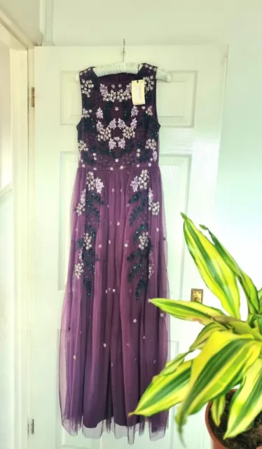 Oasis Evening Gown Auberine   Embellished Sequin Beaded Mesh Maxi Dress 10 New