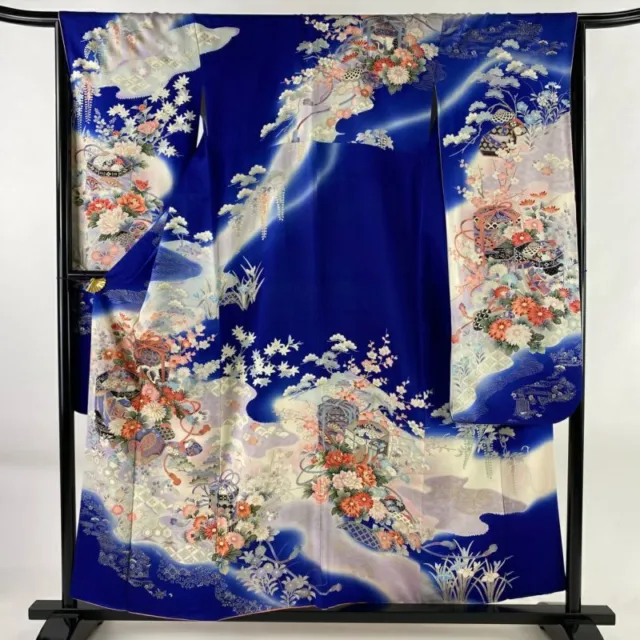 Japanese Kimono FURISODE Long sleeves Silk Gold Silver Msize about 157.5cm