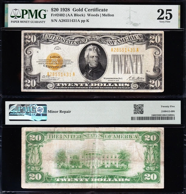 VERY NICE Bold & Crisp VF+ 1928 $20 GOLD CERTIFICATE! PMG 25! FREE SHIP! 51431A