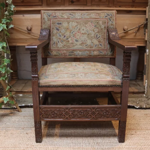 Antique Tapestry Arm Chair / Needlepoint / Carved Oak Antique