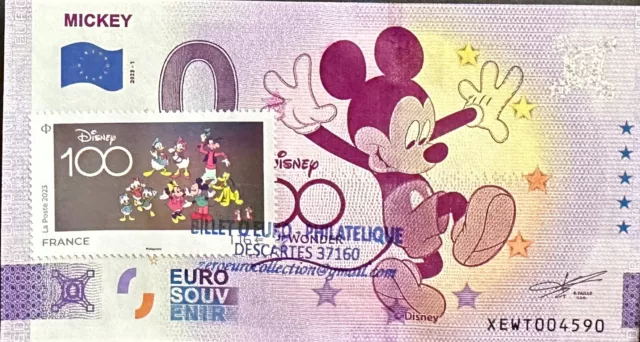 Billet 0 Euro Philathelique  Mickey 100 Ans  Disney  2023 Numero Divers