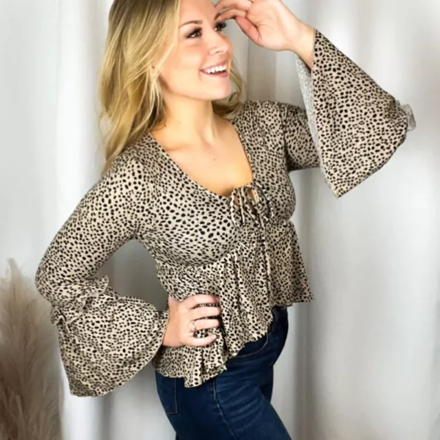 NEW NWT PEACH LOVE CALIFORNIA Tan Brown Black Dotted Long Bell Sleeve Top Small