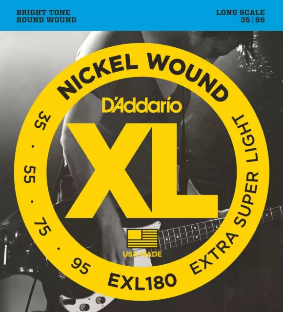 D'Addario EXL180 Nickel Wound Bass Guitar Strings, Extra Super Light, 35-95, Lon