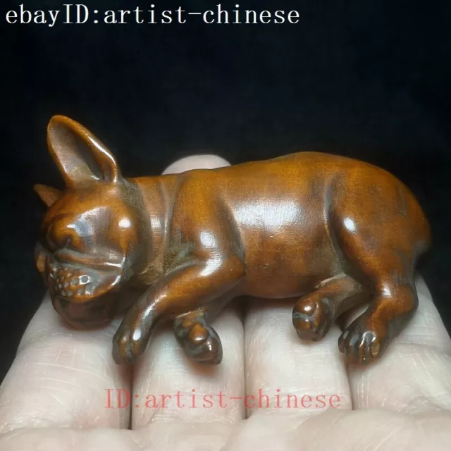 Japanese boxwood hand carved lovely dog Figure statue netsuke collectable Gift