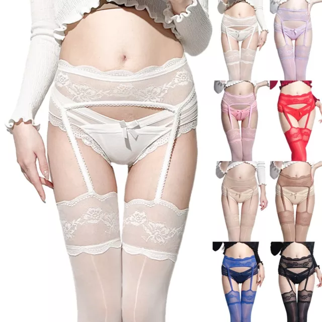 Smooth Lace Hollow Out Thigh High Stockings with Garter Belt for Women