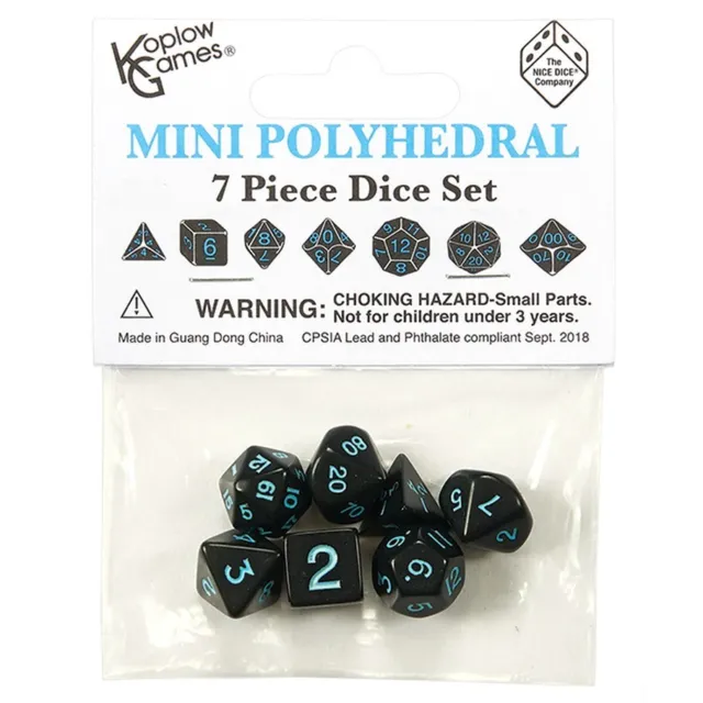KPL19309 Koplow 7-Set Mini dice: Polyhedral Opaque:  Black/Blue