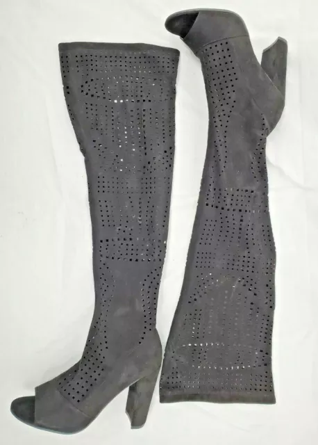 Charlotte Russe Laser Cut Over the Knee Peep Toe Sock Boots Black Suede Womens 8