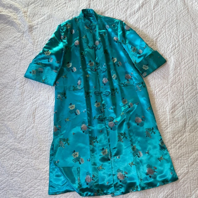 True Vintage 70s Kimono long jacket size L 12 SILK  Turquoise brocade Asian coat